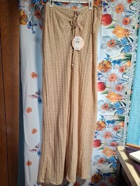 New P2F  BUCKLE  Cream Crochet Maxi Skirt with Beaded Drawstring SIZE LARGE